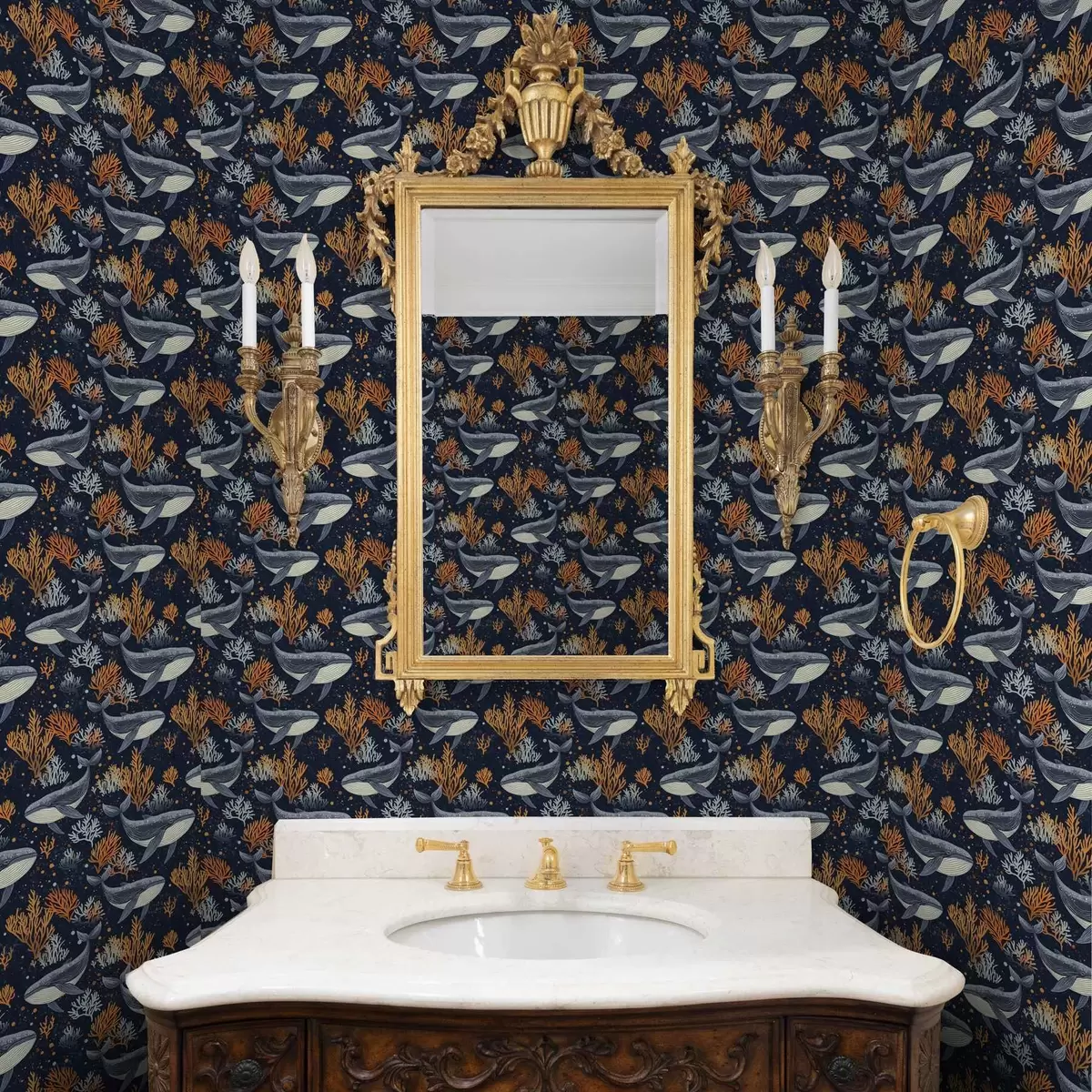 Tapetes Jūras vaļi un koraļļi uz tumša fona a00116