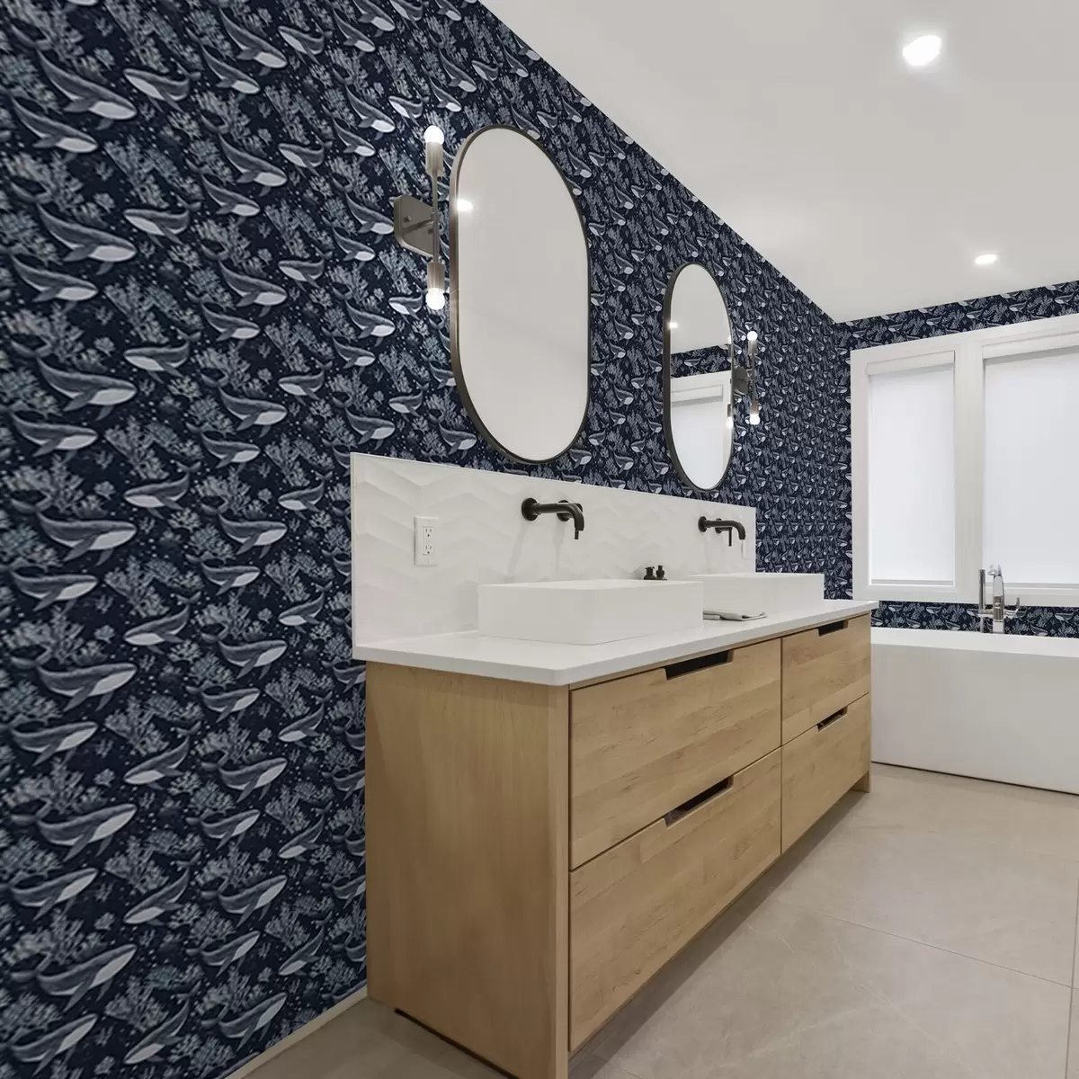 Tapetes Vaļi un koraļļi uz tumši zila fona a00116v1