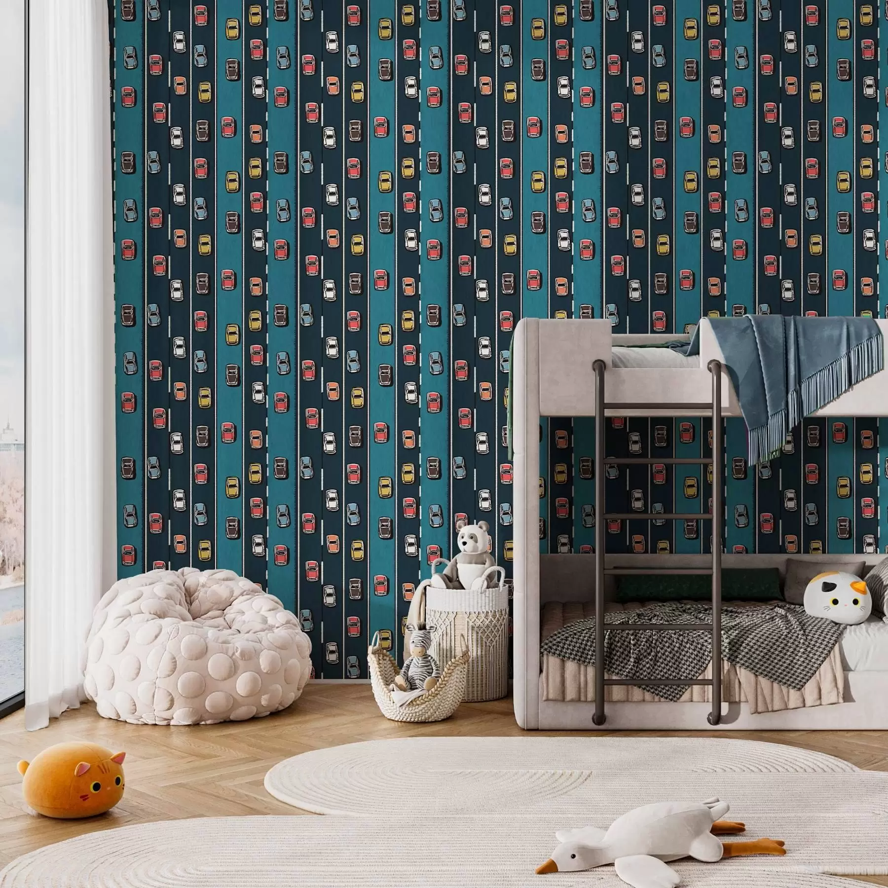 Fototapetes Retro auto uz tumši zila ceļa 60. gadu stilā a00118