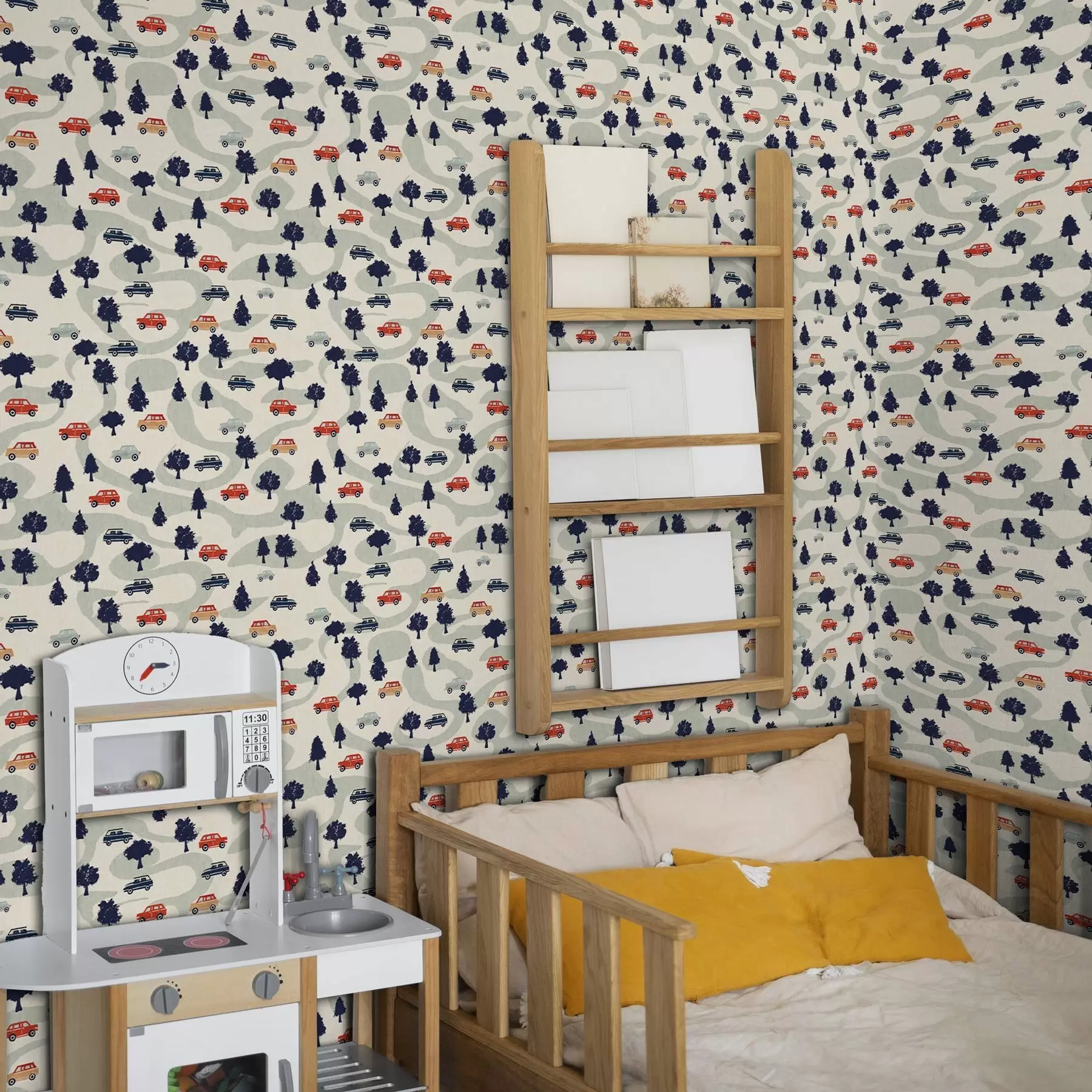 Fototapetes Smieklīgas automašīnas starp kokiem uz krēmkrāsas fona a00119