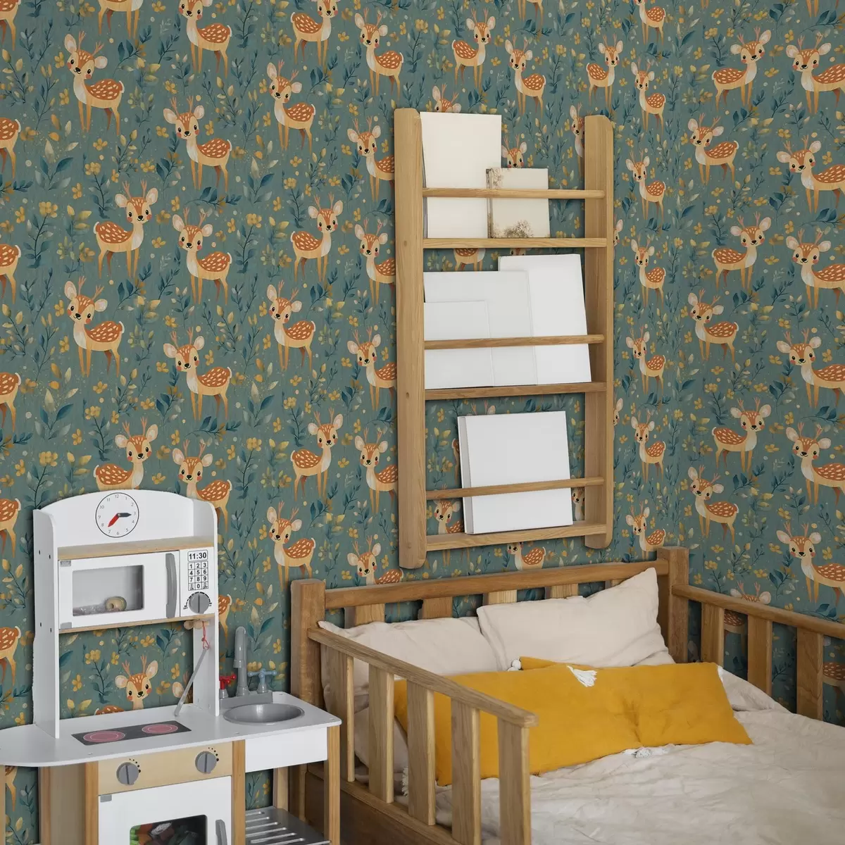 Tapetes Briežu mazuļi mežā ar dzeltenām lapām a00124v1