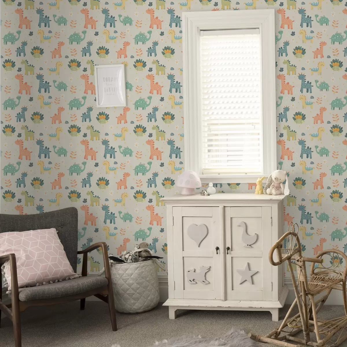Tapetes Bērnu dinozauri pasteļtoņos uz gaiša fona a00125