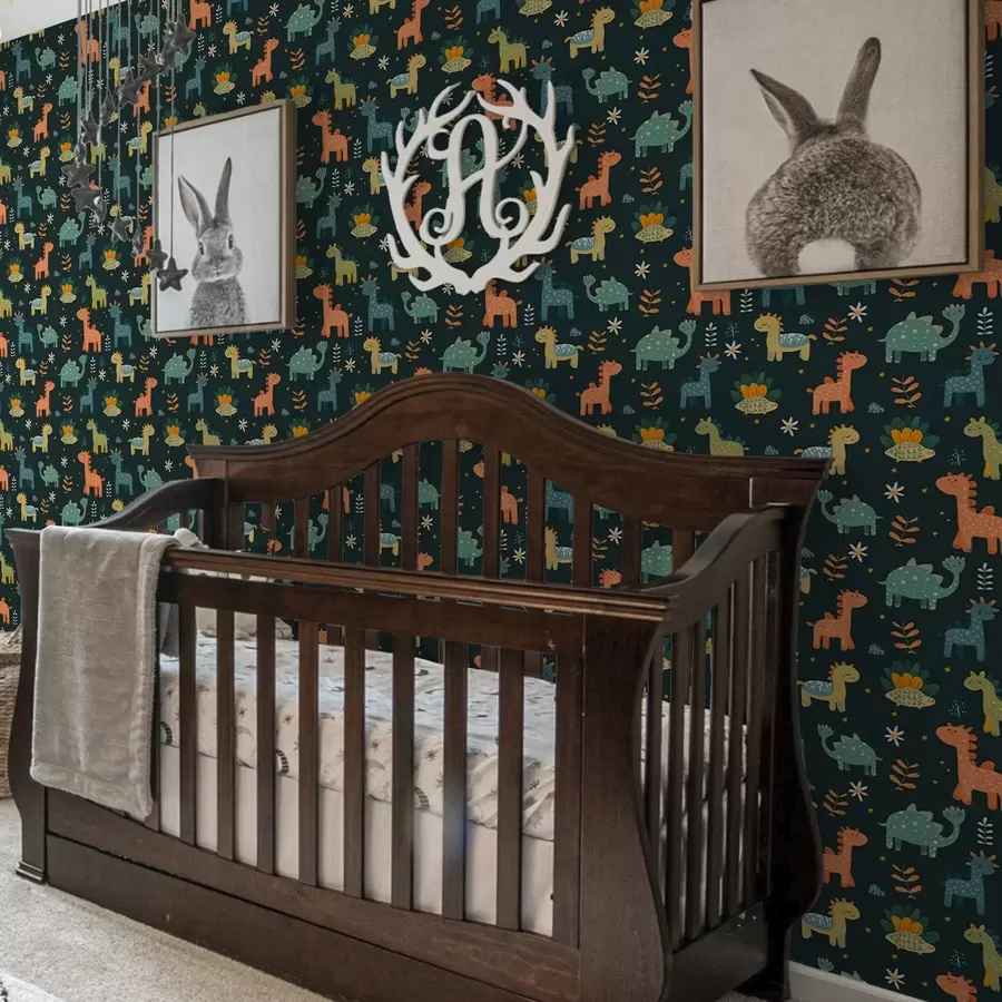 Fototapetes Smieklīgi dinozauri pasteļtoņos uz tumša fona a00125v2