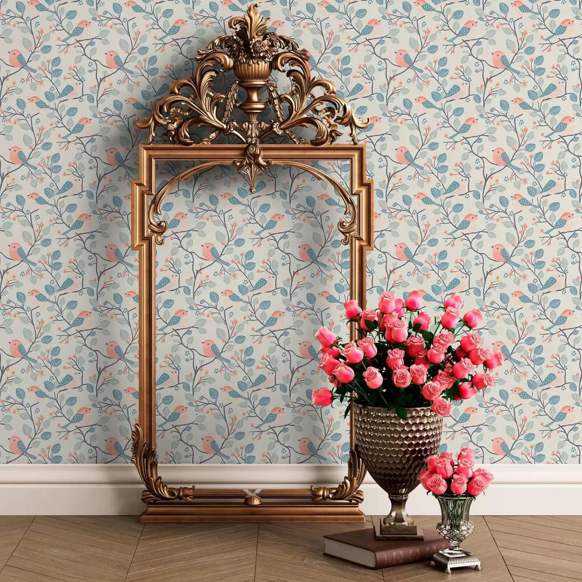 Tapetes Pasteļputni un zariņi uz gaiša fona a00128