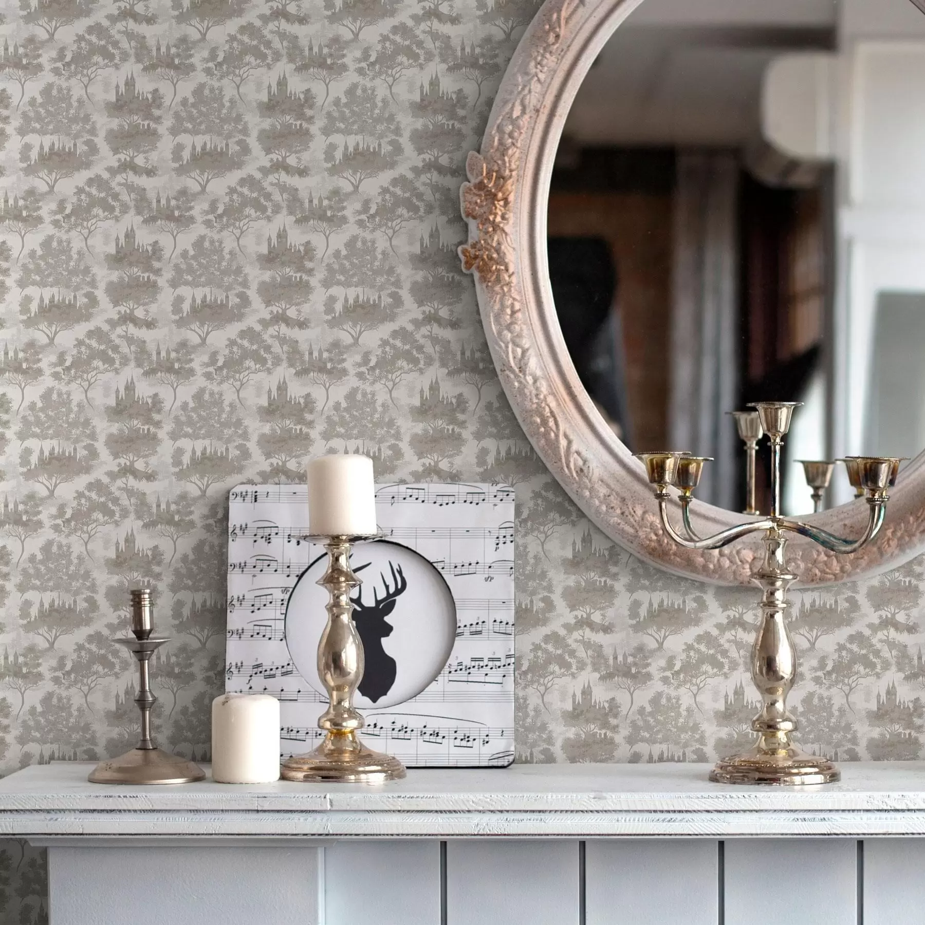 Fototapetes Pils mežā pelēkā un bēšā stilā a00130