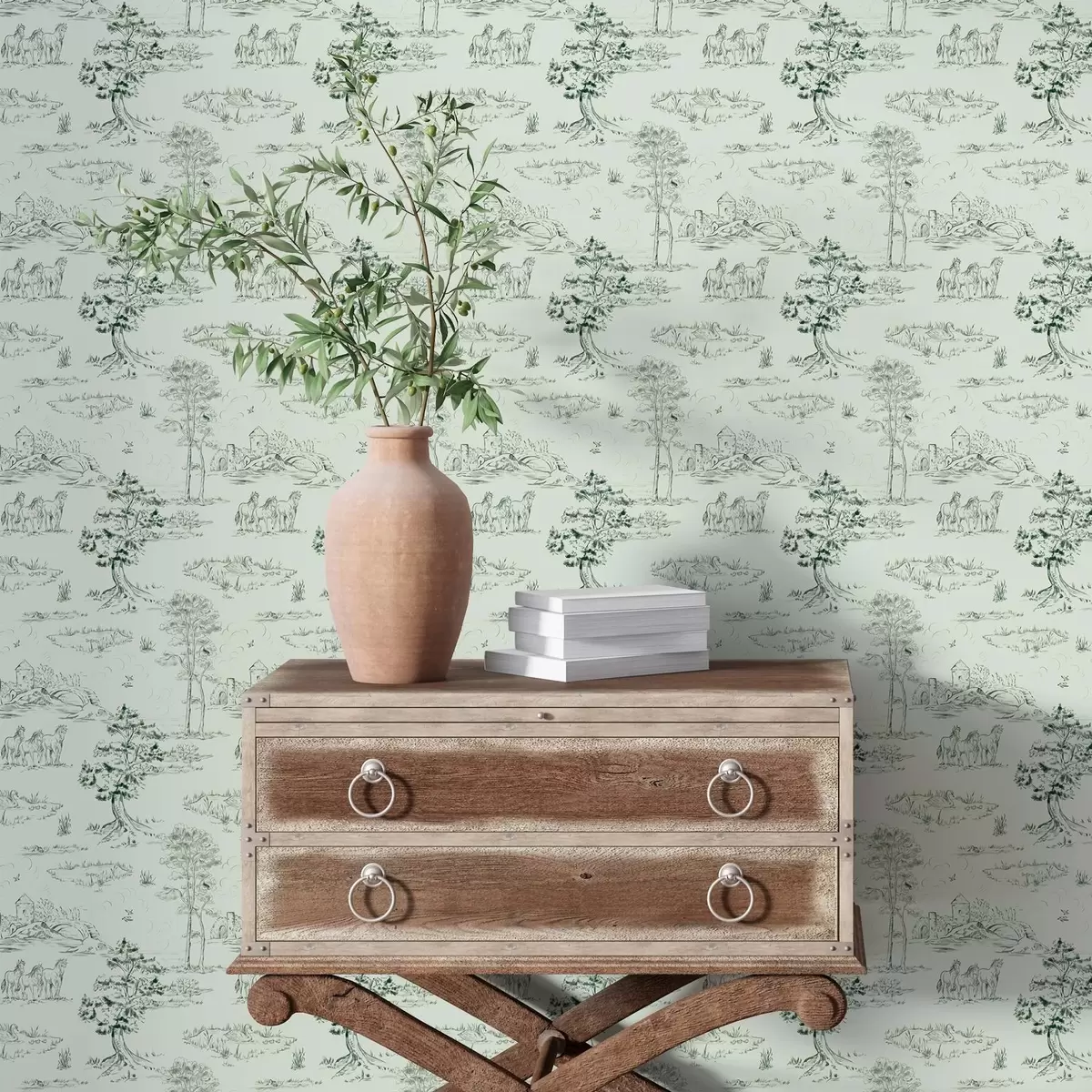 Tapetes Skatuve ar zirgiem, kokiem un pili uz zaļa fona a00133v1