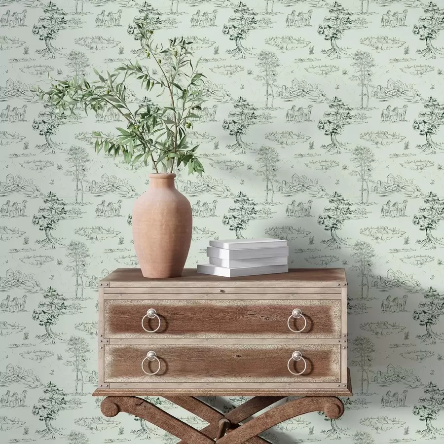 Fototapetes Skatuve ar zirgiem, kokiem un pili uz zaļa fona a00133v1