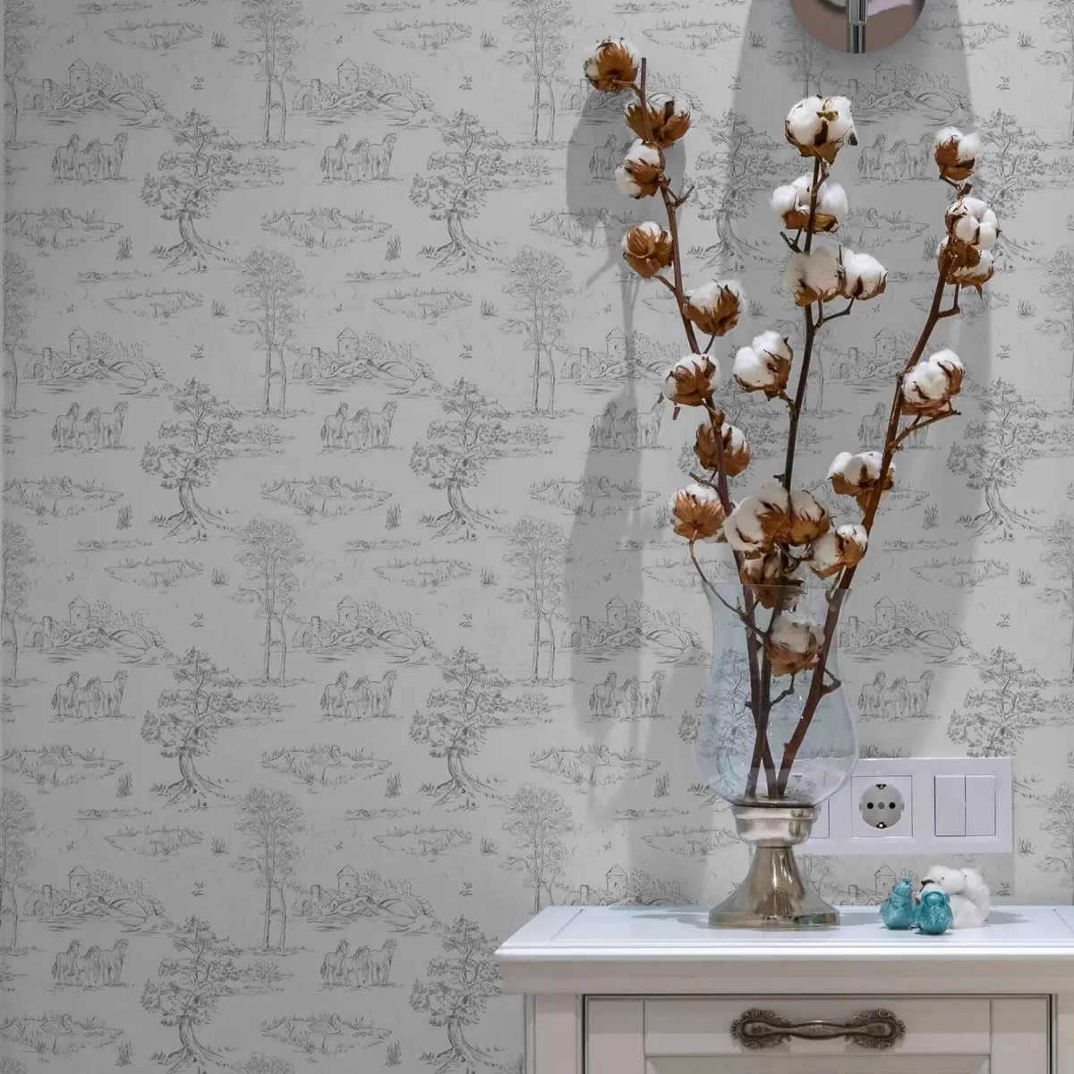 Tapetes Ainava ar zirgiem pelēkā un baltā stilā a00133v2