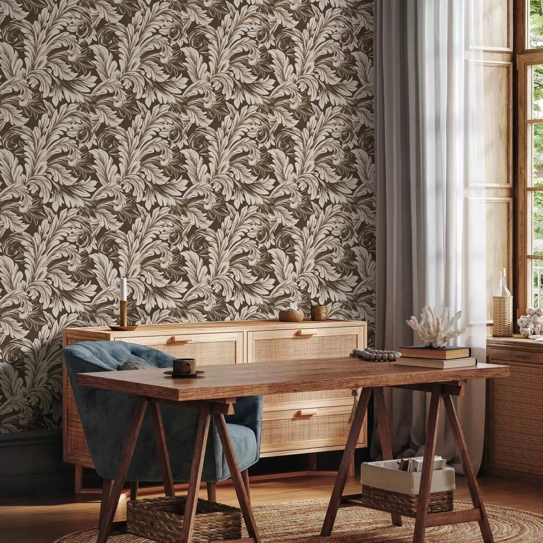 Fototapetes Baroka raksts ar lapām uz tumša fona a00135v5