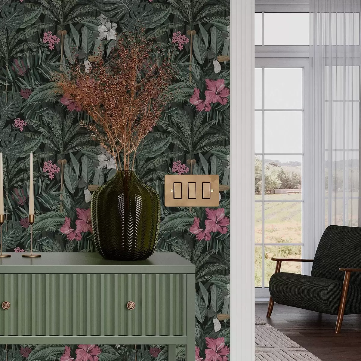 Tapetes Tropu lapas un putns uz tumša fona a00140