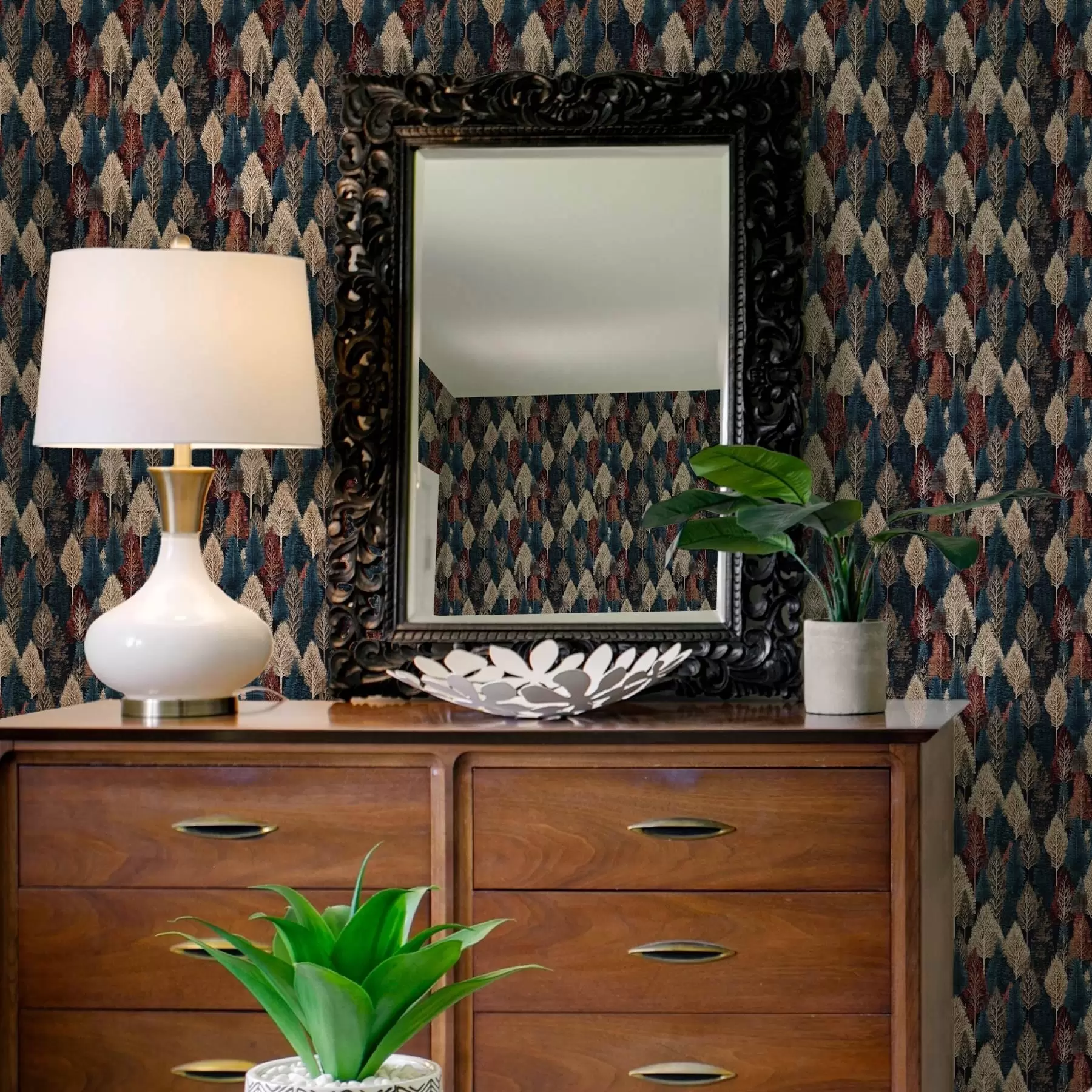 Fototapetes Abstraktais mežs ar kokiem uz tumši zila fona a00150