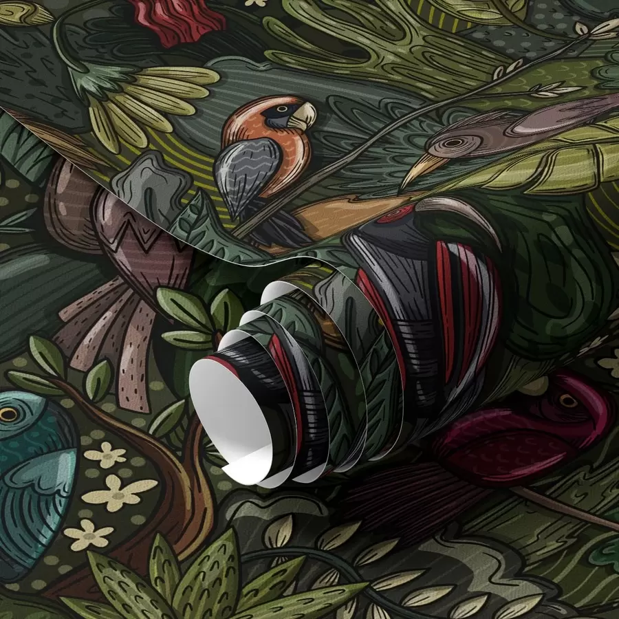 Fototapetes Eksotiski putni džungļos gravīras stilā a00157