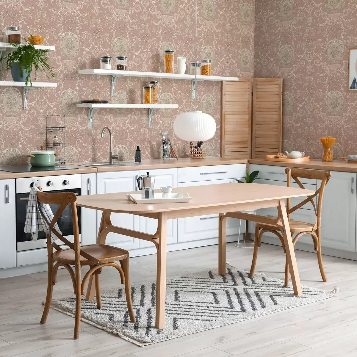 Tapetes Baroka ornaments ar ziediem uz rozā fona a00160