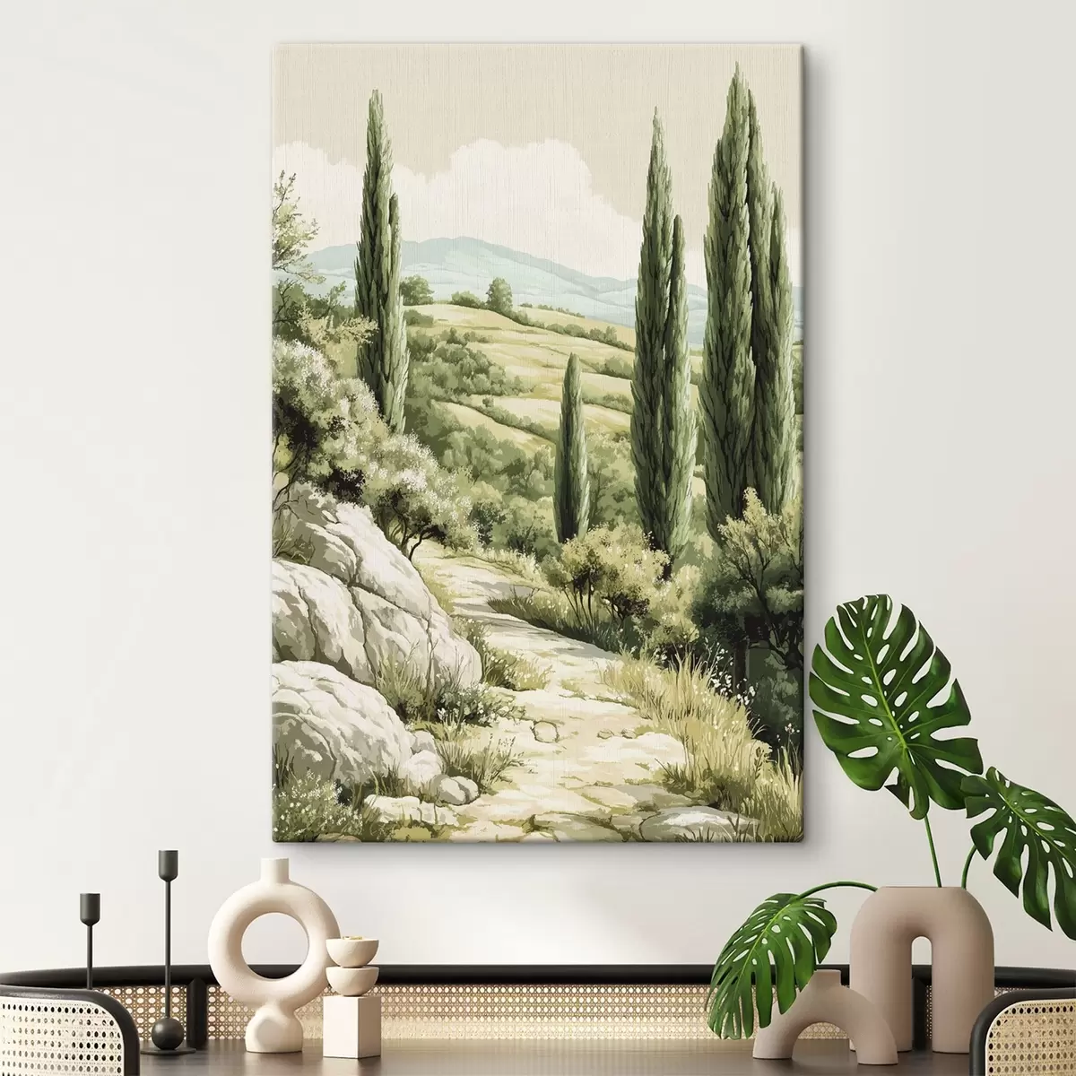 Glezna Vasaras ainavas ar cipresēm un zaļiem kalniem, lauku stilā s44308