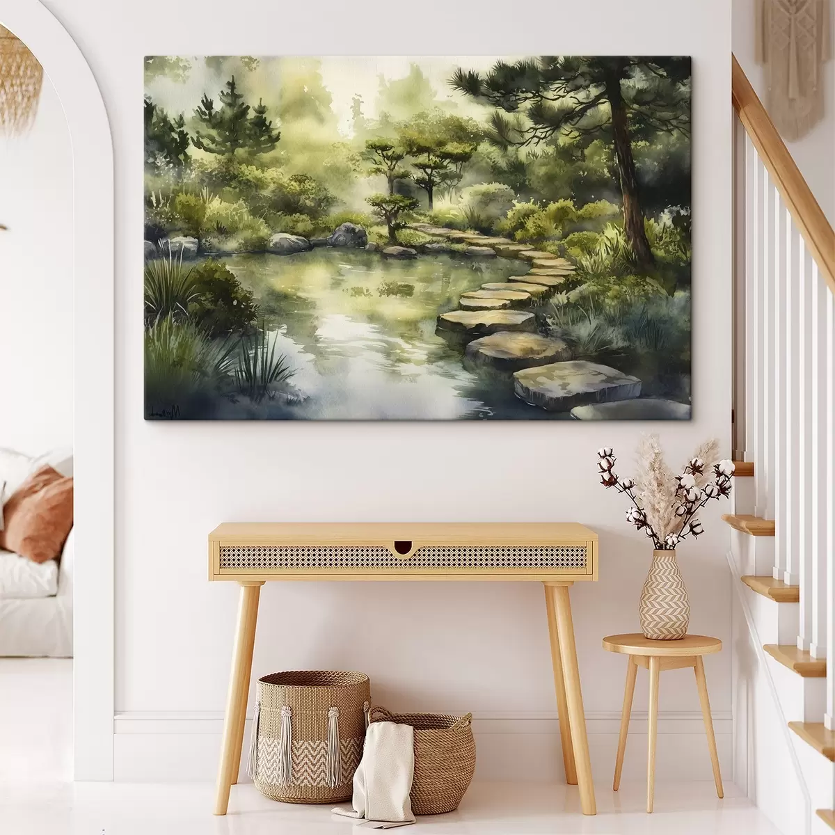 Glezna Austrumu mežs ar akmeņiem, dīķi un priedēm, zaļumi, akvareļu stilā s44311
