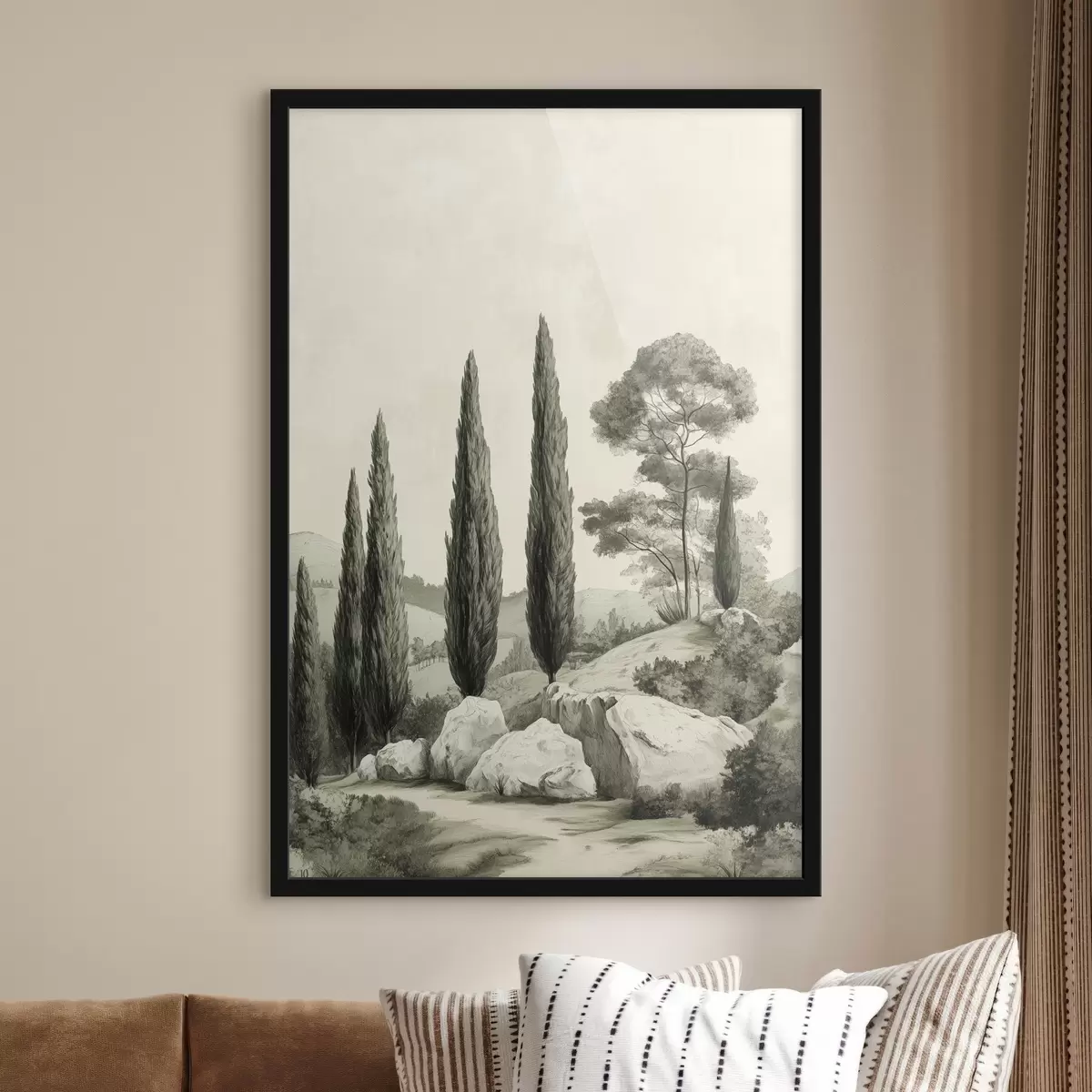 Plakāts Toskānas ainavas, pasteļtoņi, cipreses, klintis, lauku stils f44307