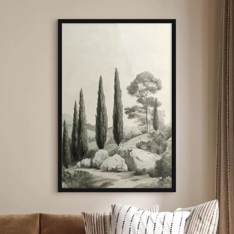 Fototapetes Toskānas ainavas, pasteļtoņi, cipreses, klintis, lauku stils f44307