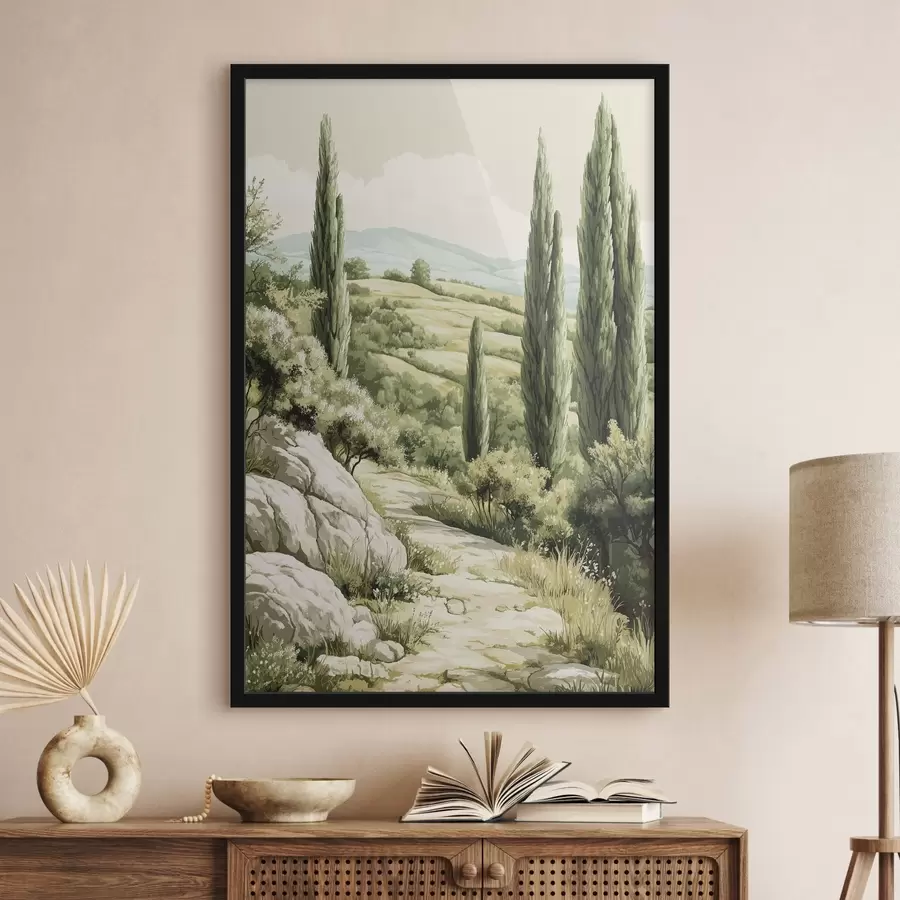 Fototapetes Vasaras ainavas ar cipresēm un zaļiem kalniem, lauku stilā f44308