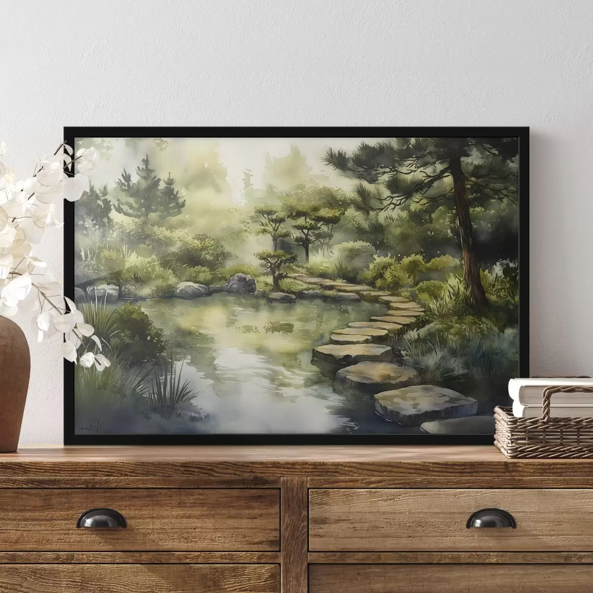 Plakāts Austrumu mežs ar akmeņiem, dīķi un priedēm, zaļumi, akvareļu stilā f44311