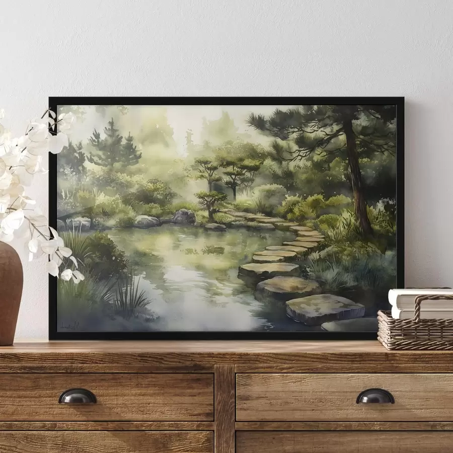 Fototapetes Austrumu mežs ar akmeņiem, dīķi un priedēm, zaļumi, akvareļu stilā f44311
