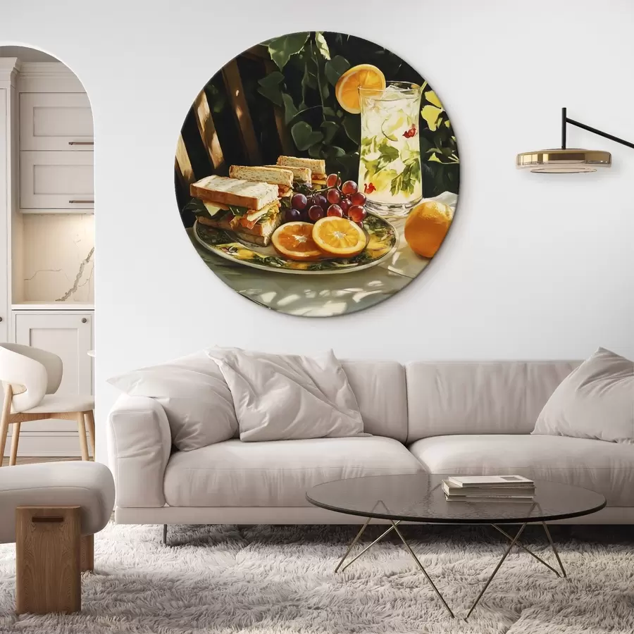 Glezna Estētisks pikniks vasaras dārzā, sviestmaizes, apelsīni, limonāde r44306