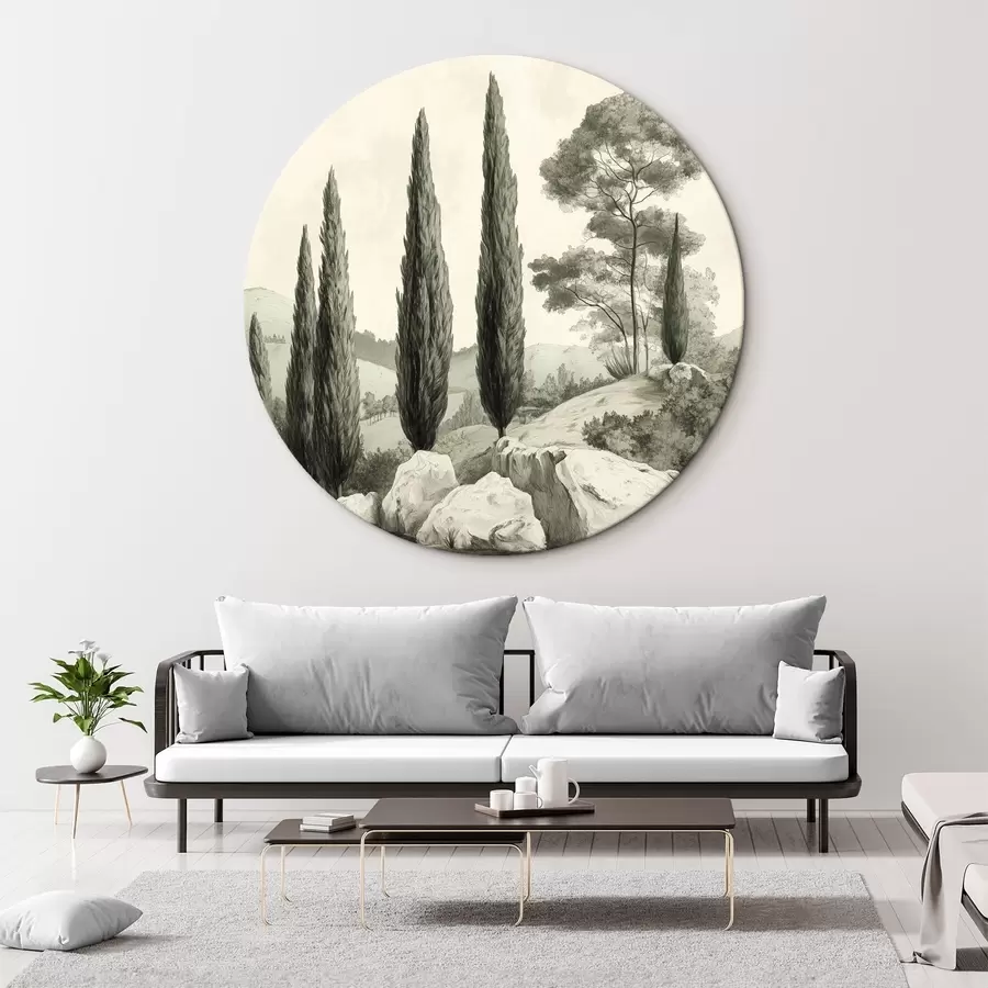 Glezna Toskānas ainavas, pasteļtoņi, cipreses, klintis, lauku stils r44307