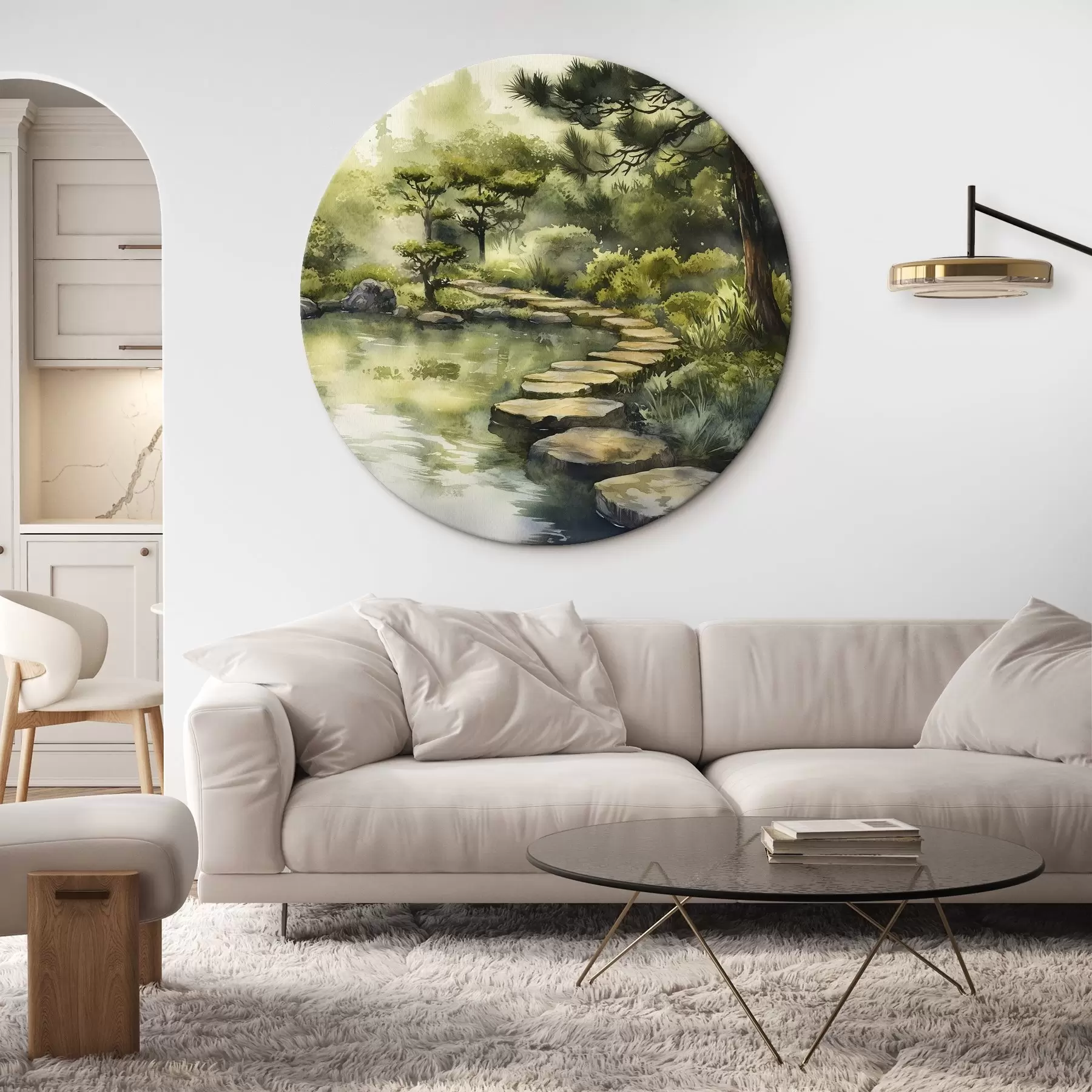 Glezna Austrumu mežs ar akmeņiem, dīķi un priedēm, zaļumi, akvareļu stilā r44311