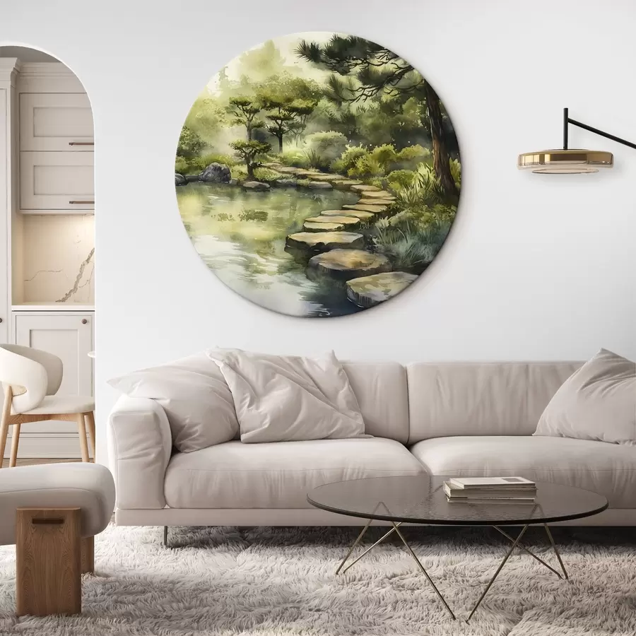 Glezna Austrumu mežs ar akmeņiem, dīķi un priedēm, zaļumi, akvareļu stilā r44311