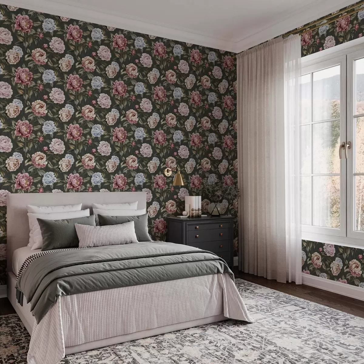 Tapetes Peonijas uz tumši zaļa fona a00106