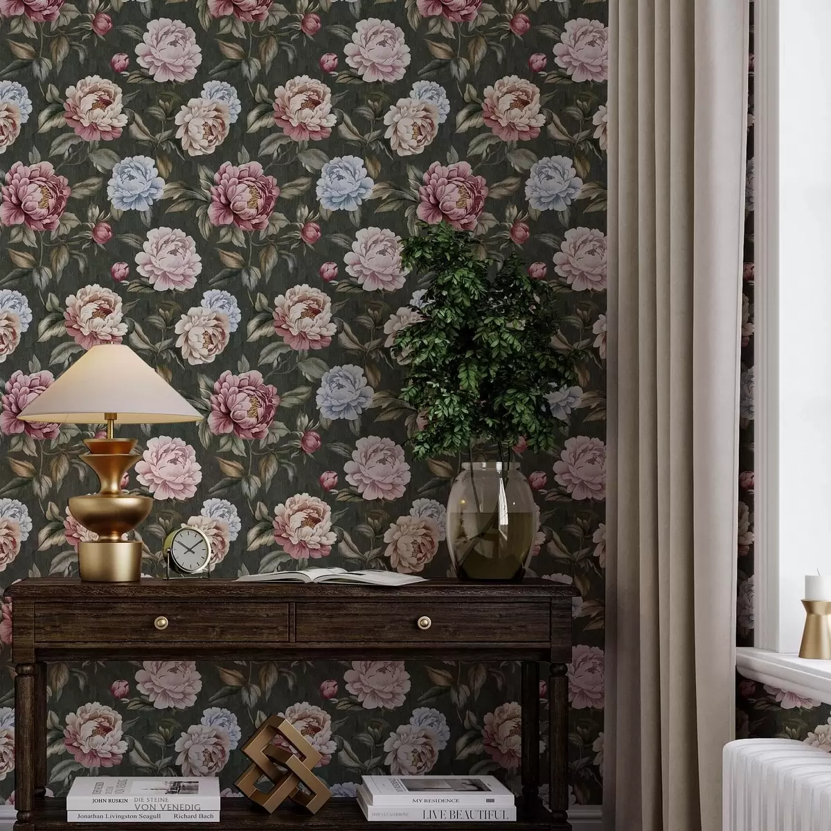 Tapetes Peonijas uz tumši zaļa fona a00106