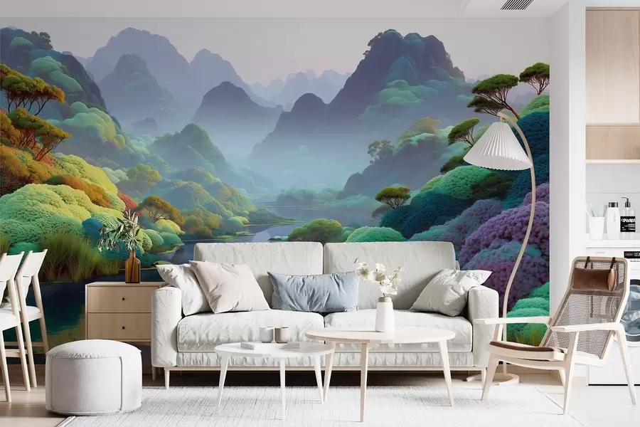 Fototapetes Kalnu ainava ar upi zilos toņos ar kokiem un krūmiem w09088