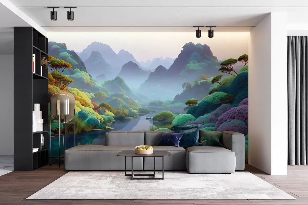 Fototapetes Kalnu ainava ar upi zilos toņos ar kokiem un krūmiem w09088