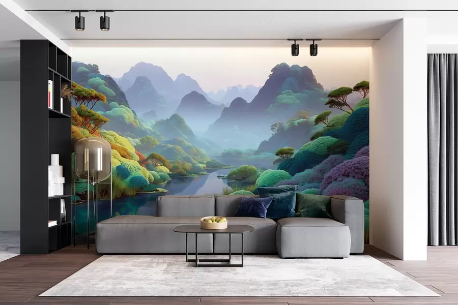 Fototapetes Kalnu ainava ar upi zilos toņos ar kokiem un krūmiem w09088