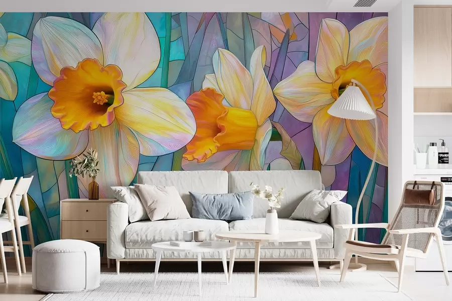 Fototapetes Krāsainas narcises uz zili violetas vitrāžas fona w09092