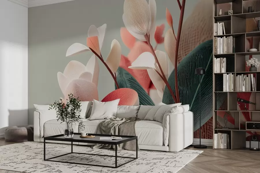 Fototapetes Teksturēti ziedi un lapas pasteļtoņos un zaļos toņos w09094