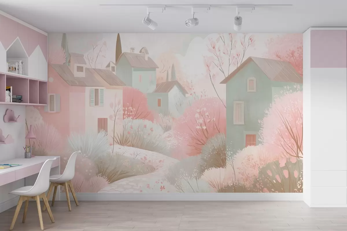 Fototapetes Pasaku pilsēta eļļas gleznošanas stilā rozā toņos w09095