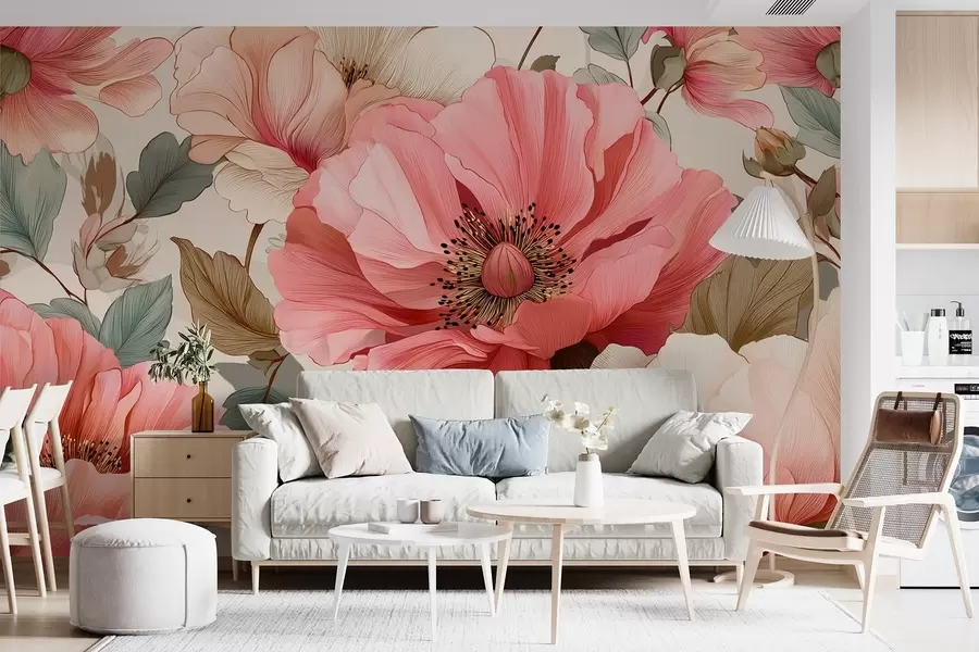 Fototapetes Delikātas magones ar lapām sarkanīgi rozā toņos w09100