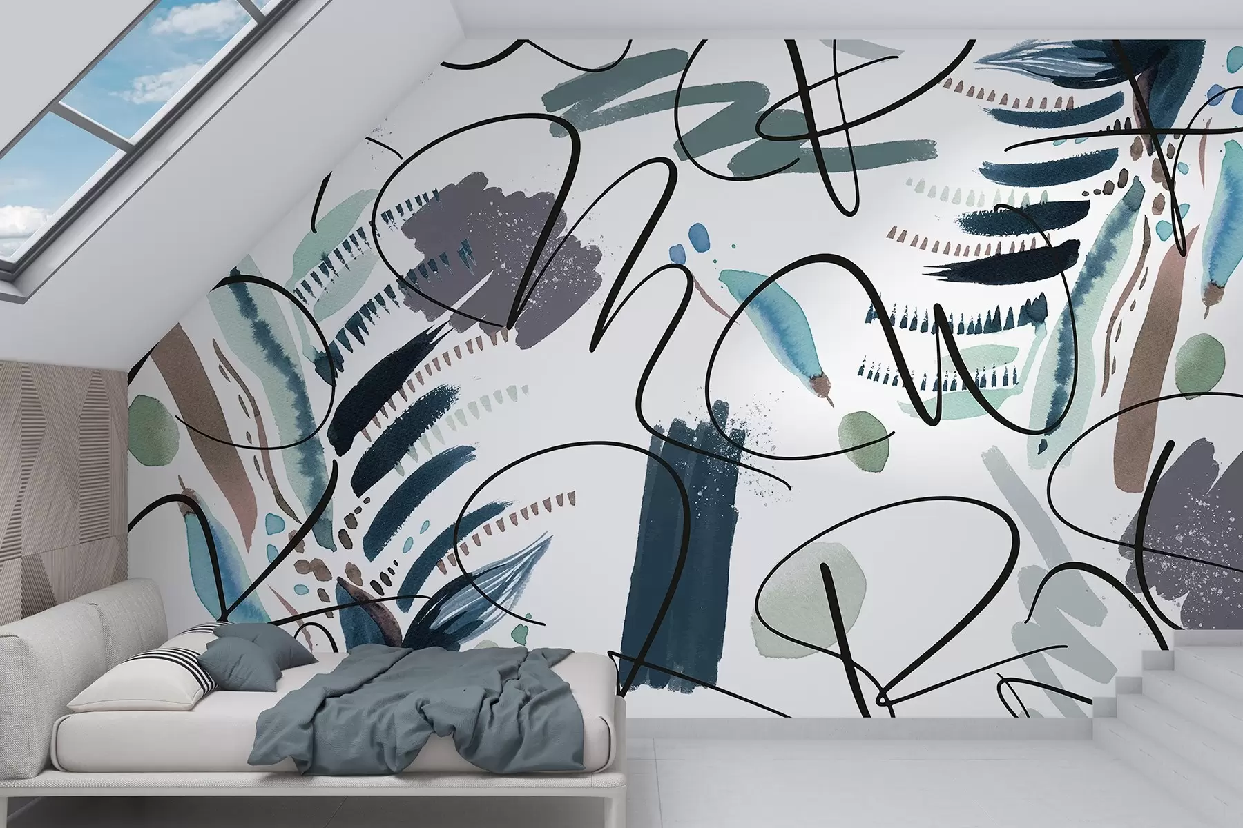 Fototapetes Tintes burti, kaligrāfija, otas triepieni, zilas krāsas, abstrakcija w03912v2