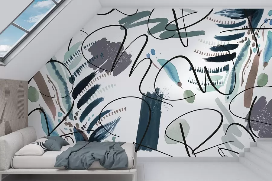 Fototapetes Tintes burti, kaligrāfija, otas triepieni, zilas krāsas, abstrakcija w03912v2