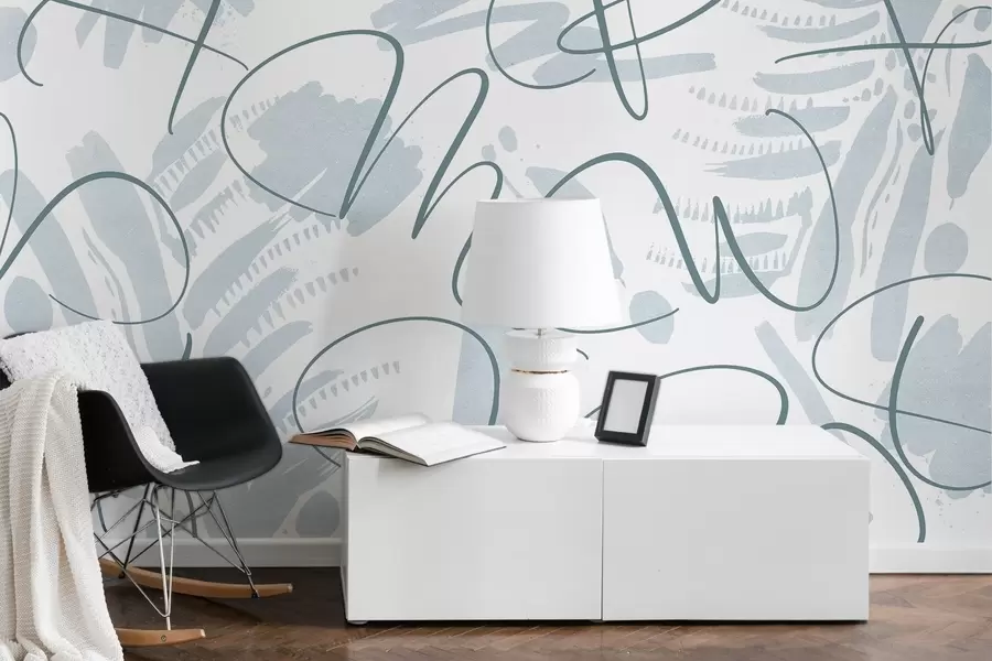 Fototapetes Kaligrāfiska abstrakcija ar burtiem, otas triepieniem, zilu krāsu w03913v1