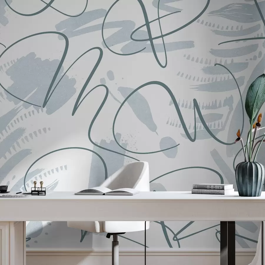 Fototapetes Kaligrāfiska abstrakcija ar burtiem, otas triepieniem, zilu krāsu w03913v1