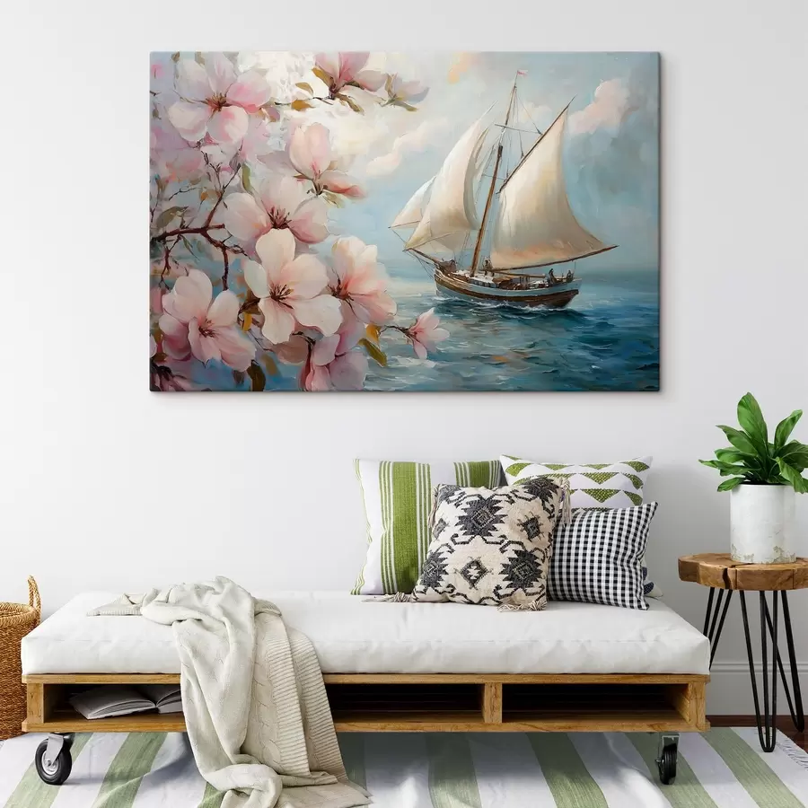 Fototapetes Laiva jūrā un lieli ziedi s44330