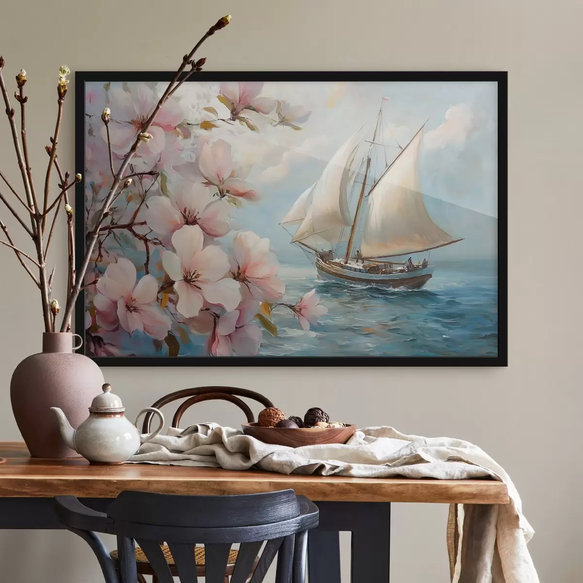 Plakāts Laiva jūrā un lieli ziedi f44330