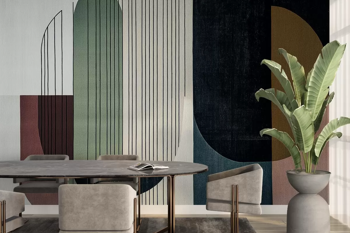 Fototapetes mūsdienīga abstrakta ģeometriska kompozīcija ar pārklājošām formām un vertikālu līniju rakstiem, plānas līnijas, kas aizpilda trapeces un ovālus, mīksts tekstilmateriālu tekstūras pārklājums, silti pieklusināti toņi, piemēram, olīvu zaļš, taupe, bēšs un kokogles, smalks caurspīdīguma efekts starp formām w03937