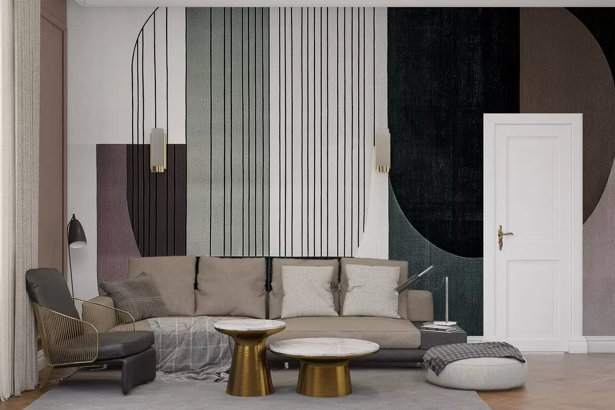 Fototapetes mūsdienīga abstrakta ģeometriska kompozīcija ar pārklājošām formām un vertikālu līniju rakstiem, plānas līnijas, kas aizpilda trapeces un ovālus, mīksts tekstilmateriālu tekstūras pārklājums, silti pieklusināti toņi, piemēram, olīvu zaļš, taupe, bēšs un kokogles, smalks caurspīdīguma efekts starp formām w03937v1