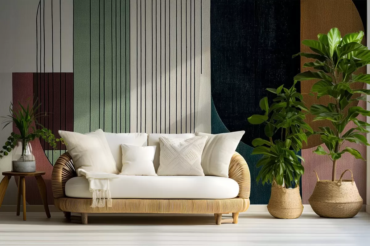 Fototapetes mūsdienīga abstrakta ģeometriska kompozīcija ar pārklājošām formām un vertikālu līniju rakstiem, plānas līnijas, kas aizpilda trapeces un ovālus, mīksts tekstilmateriālu tekstūras pārklājums, silti pieklusināti toņi, piemēram, olīvu zaļš, taupe, bēšs un kokogles, smalks caurspīdīguma efekts starp formām w03937v3