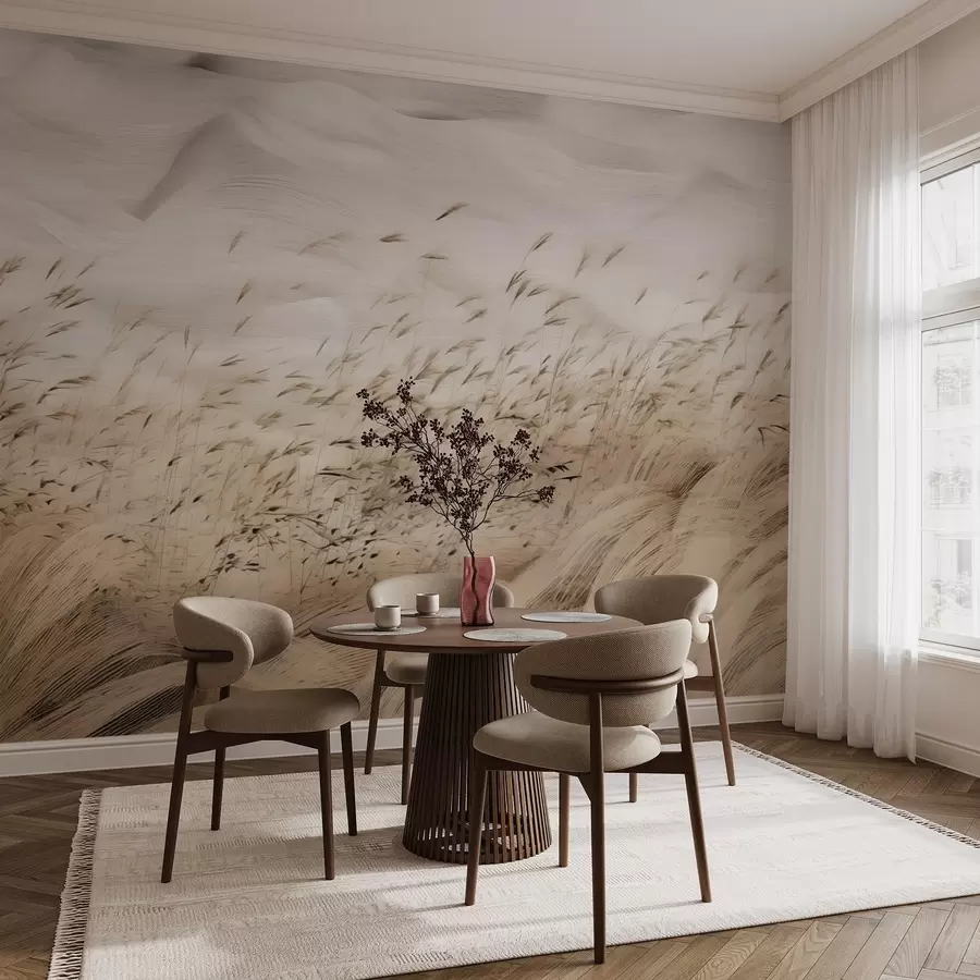 Fototapetes abstraktā vēja pūstās zāles lauki smilškrāsas un akmens toņos, tintes skices līnijas ar teksturētu papīra fonu, ziemeļu lauku klusums w03941