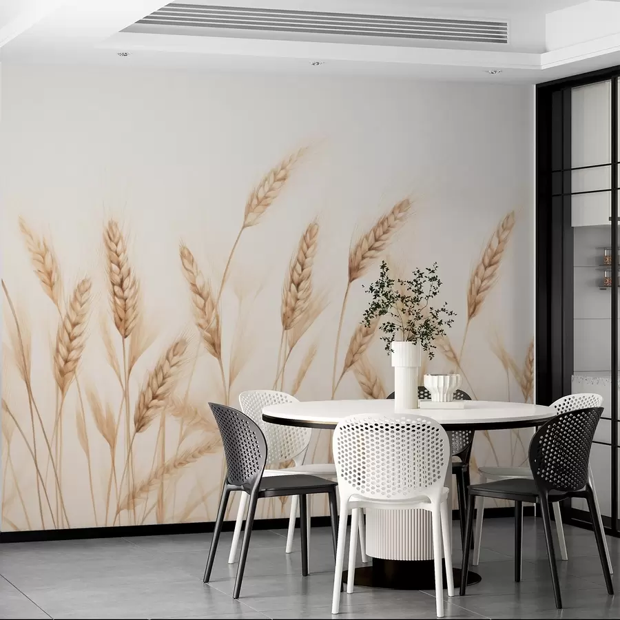 Fototapetes maiga botāniska ilustrācija ar kviešu stiebriņiem, ar roku zīmēts stils, smalkas līnijas ar pasteļkrīta tekstūru, maigi sepijas un zemes brūni toņi, balts fons, simetriska eleganta kompozīcija, dabiska skices estētika w03943