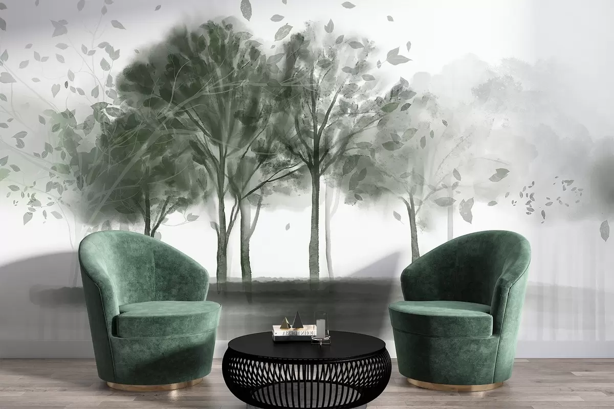 Fototapetes Abstrakta ainava ar kokiem ar zaļām lapām, kas atspoguļojas ūdenī, akvareļa faktūras stilā w09109