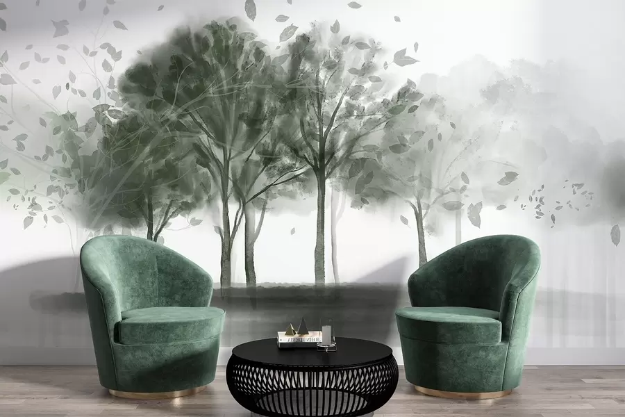 Fototapetes Abstrakta ainava ar kokiem ar zaļām lapām, kas atspoguļojas ūdenī, akvareļa faktūras stilā w09109